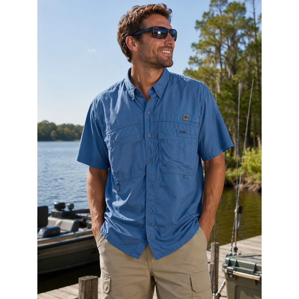 REEL LEGENDS Men's Large Blue Short Sleeve Fishing Shirt Vented -1085 - Picture 1 of 6